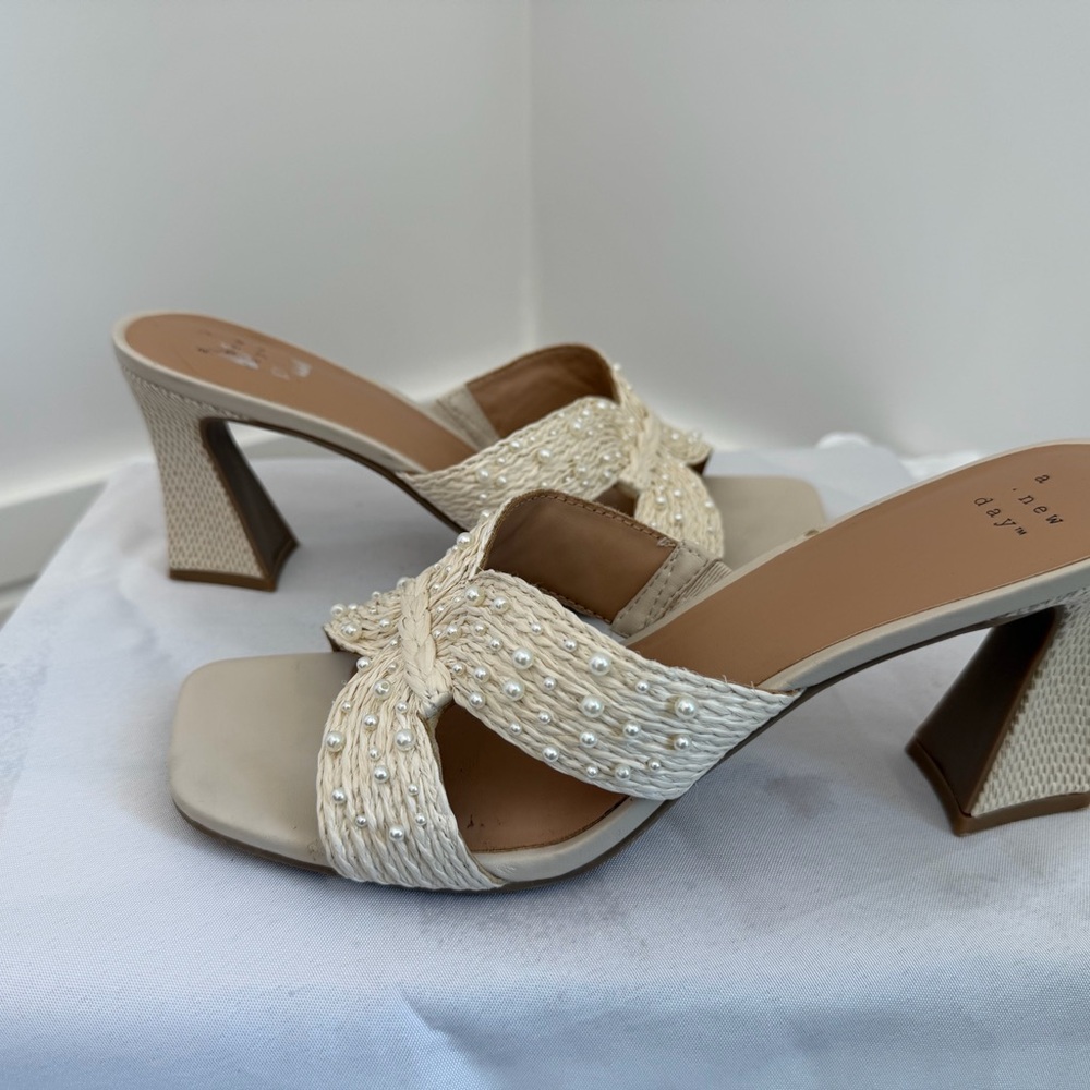 a new day Pearl-Embellished Cream Braided Heel Mules